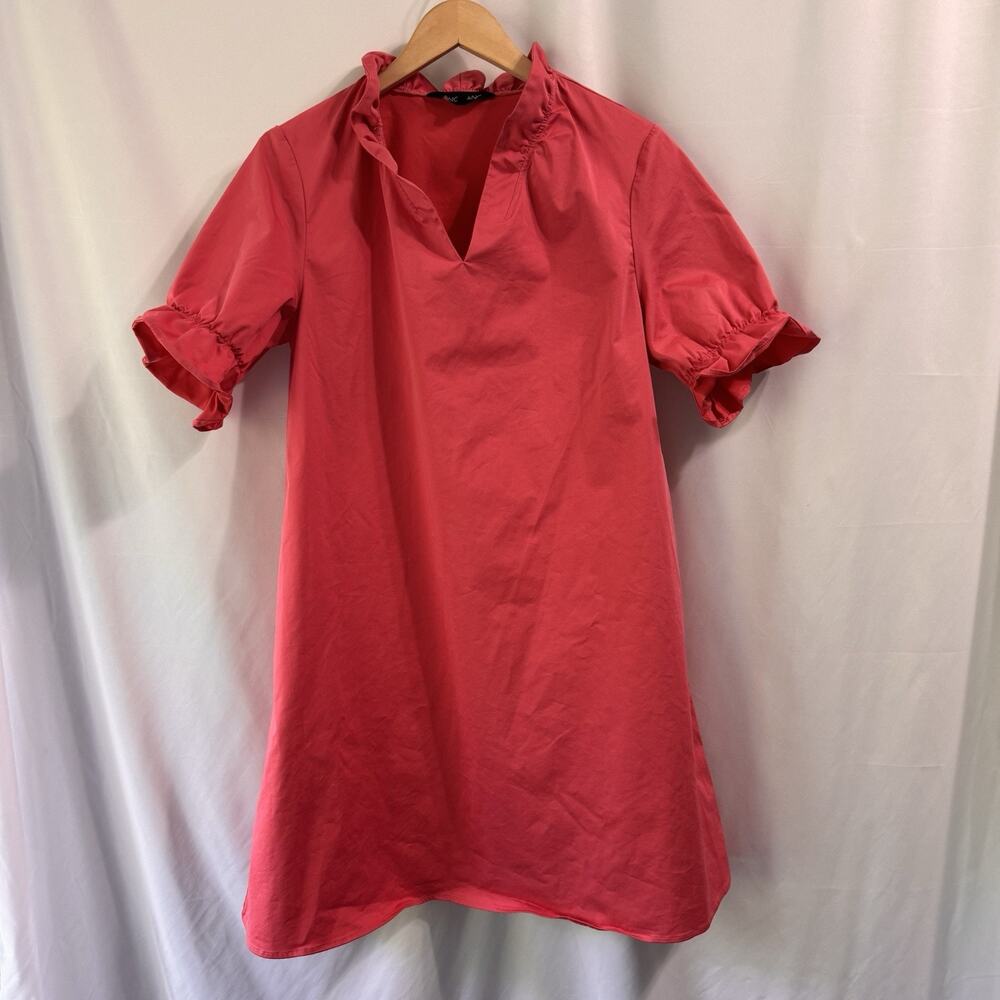 Ming Wang Shift Dress Size Small Ruffle Sleeve Pink V-Neck Poplin Coral Cotton